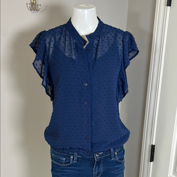 Tuckernuck THE SHIRT BY ROCHELLE BEHRENS Swiss Dot Blouse Top Navy Blue Sz S - Picture 1 of 8